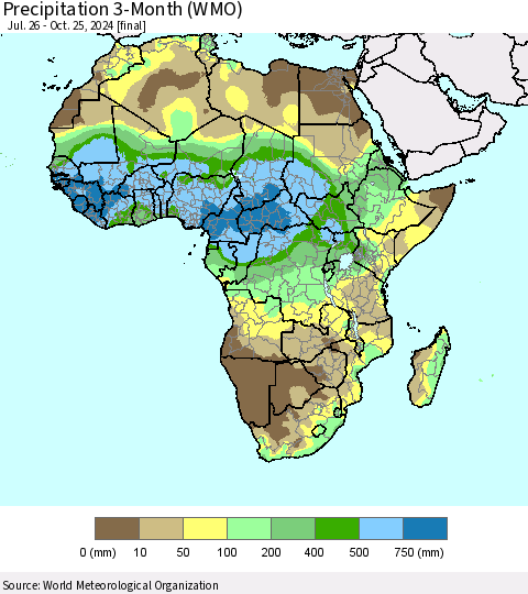 Africa Precipitation 3-Month (WMO) Thematic Map For 7/26/2024 - 10/25/2024