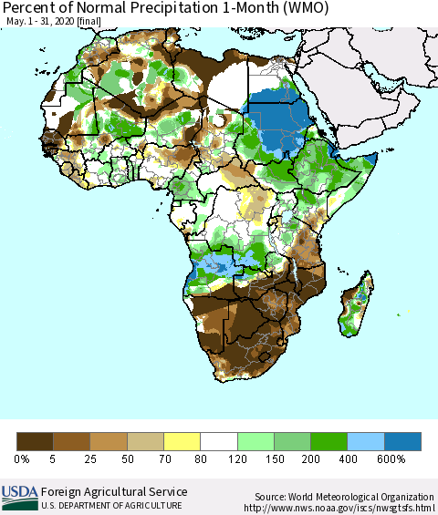 Africa Percent of Normal Precipitation 1-Month (WMO) Thematic Map For 5/1/2020 - 5/31/2020