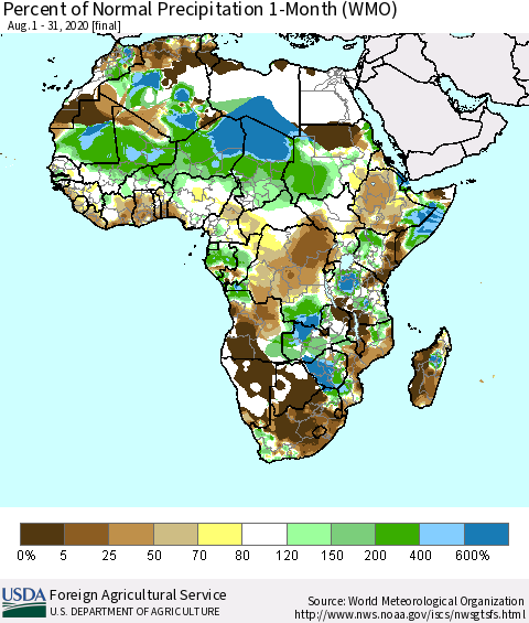 Africa Percent of Normal Precipitation 1-Month (WMO) Thematic Map For 8/1/2020 - 8/31/2020