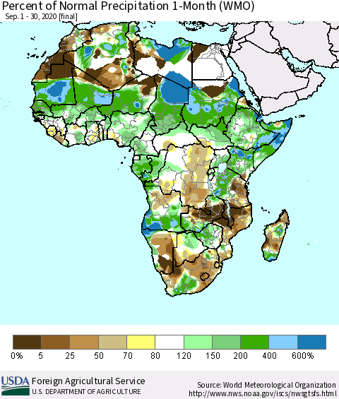 Africa Percent of Normal Precipitation 1-Month (WMO) Thematic Map For 9/1/2020 - 9/30/2020
