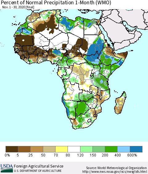 Africa Percent of Normal Precipitation 1-Month (WMO) Thematic Map For 11/1/2020 - 11/30/2020