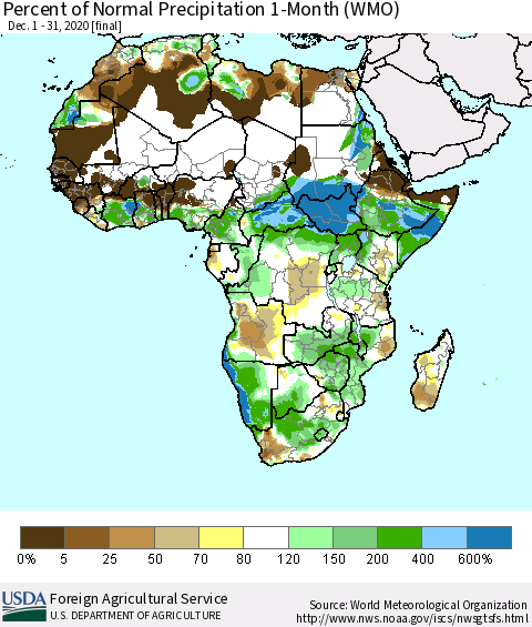 Africa Percent of Normal Precipitation 1-Month (WMO) Thematic Map For 12/1/2020 - 12/31/2020