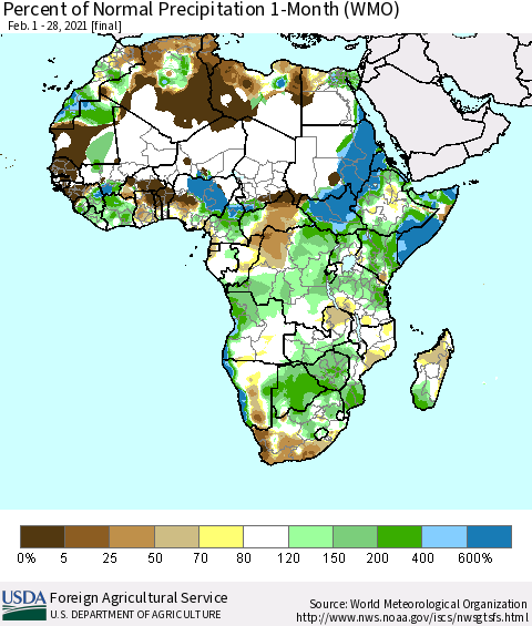 Africa Percent of Normal Precipitation 1-Month (WMO) Thematic Map For 2/1/2021 - 2/28/2021