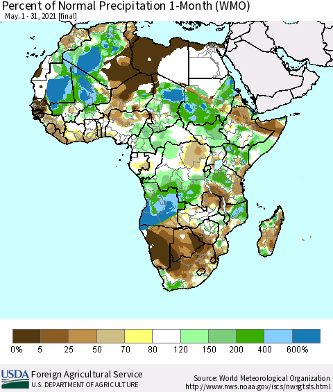 Africa Percent of Normal Precipitation 1-Month (WMO) Thematic Map For 5/1/2021 - 5/31/2021