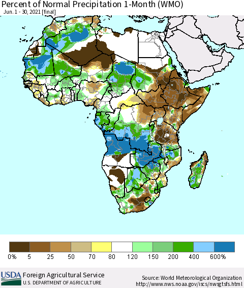 Africa Percent of Normal Precipitation 1-Month (WMO) Thematic Map For 6/1/2021 - 6/30/2021