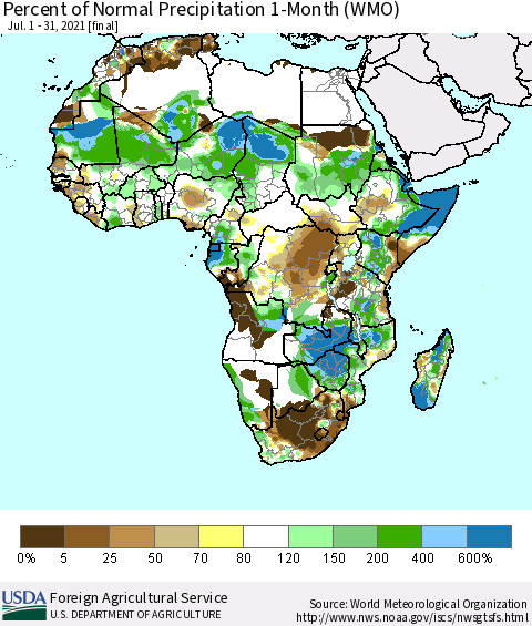 Africa Percent of Normal Precipitation 1-Month (WMO) Thematic Map For 7/1/2021 - 7/31/2021