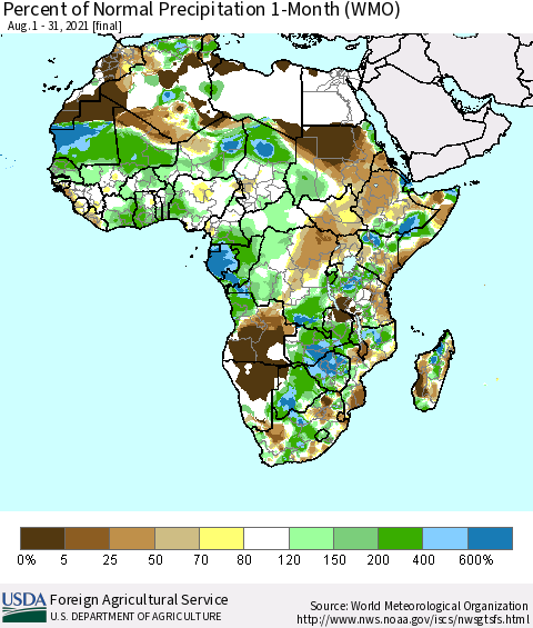 Africa Percent of Normal Precipitation 1-Month (WMO) Thematic Map For 8/1/2021 - 8/31/2021