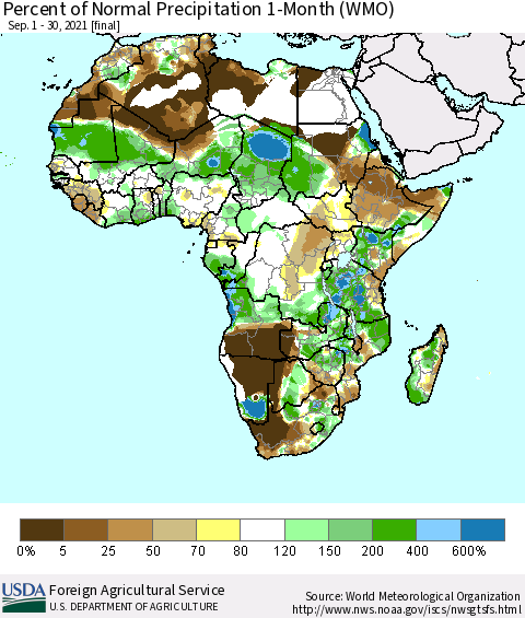 Africa Percent of Normal Precipitation 1-Month (WMO) Thematic Map For 9/1/2021 - 9/30/2021