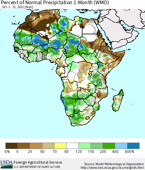 Africa Percent of Normal Precipitation 1-Month (WMO) Thematic Map For 10/1/2021 - 10/31/2021