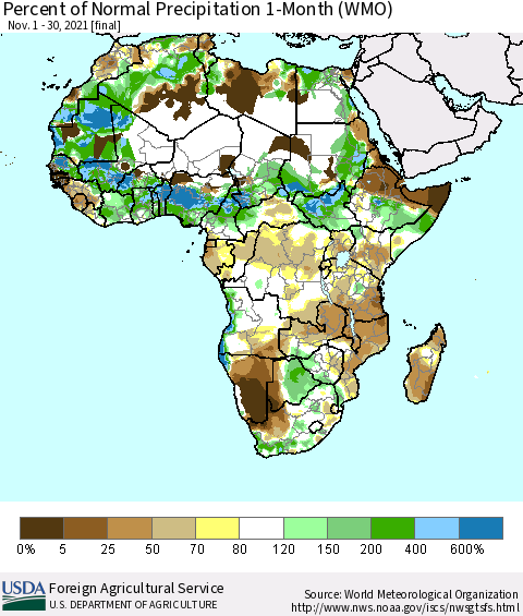 Africa Percent of Normal Precipitation 1-Month (WMO) Thematic Map For 11/1/2021 - 11/30/2021