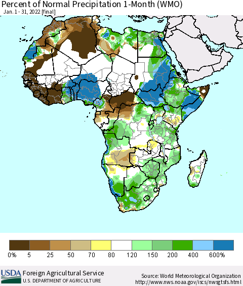 Africa Percent of Normal Precipitation 1-Month (WMO) Thematic Map For 1/1/2022 - 1/31/2022
