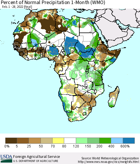 Africa Percent of Normal Precipitation 1-Month (WMO) Thematic Map For 2/1/2022 - 2/28/2022