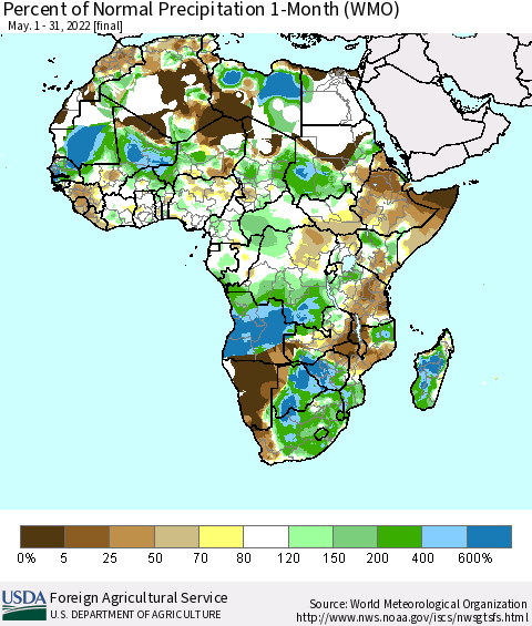 Africa Percent of Normal Precipitation 1-Month (WMO) Thematic Map For 5/1/2022 - 5/31/2022