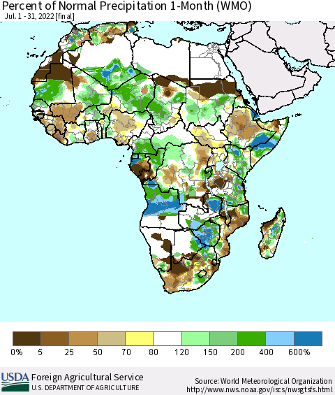 Africa Percent of Normal Precipitation 1-Month (WMO) Thematic Map For 7/1/2022 - 7/31/2022