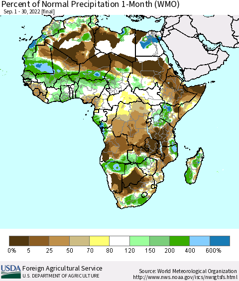 Africa Percent of Normal Precipitation 1-Month (WMO) Thematic Map For 9/1/2022 - 9/30/2022
