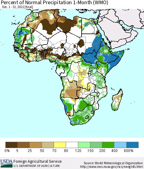 Africa Percent of Normal Precipitation 1-Month (WMO) Thematic Map For 12/1/2022 - 12/31/2022