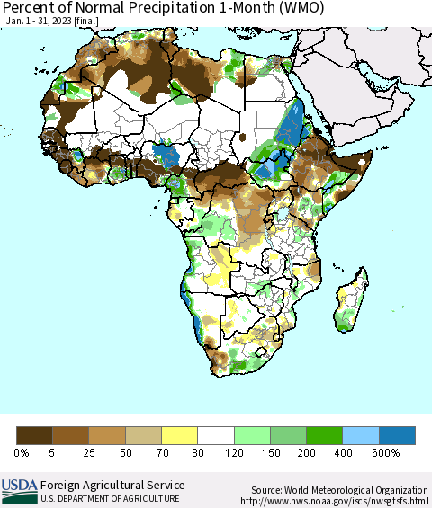 Africa Percent of Normal Precipitation 1-Month (WMO) Thematic Map For 1/1/2023 - 1/31/2023