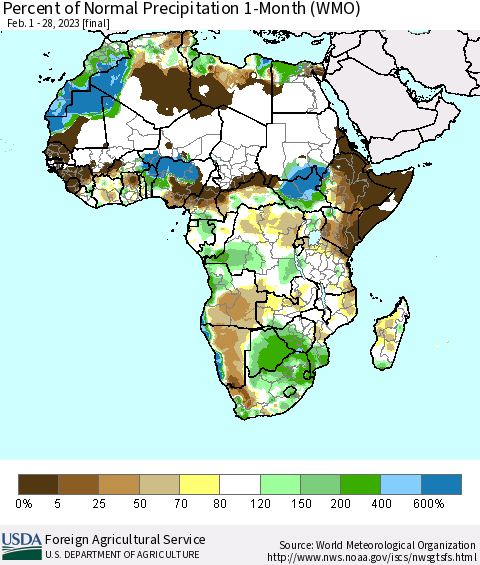 Africa Percent of Normal Precipitation 1-Month (WMO) Thematic Map For 2/1/2023 - 2/28/2023