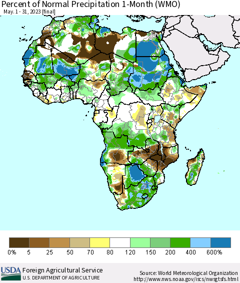 Africa Percent of Normal Precipitation 1-Month (WMO) Thematic Map For 5/1/2023 - 5/31/2023