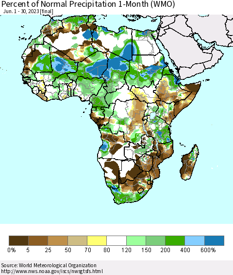 Africa Percent of Normal Precipitation 1-Month (WMO) Thematic Map For 6/1/2023 - 6/30/2023