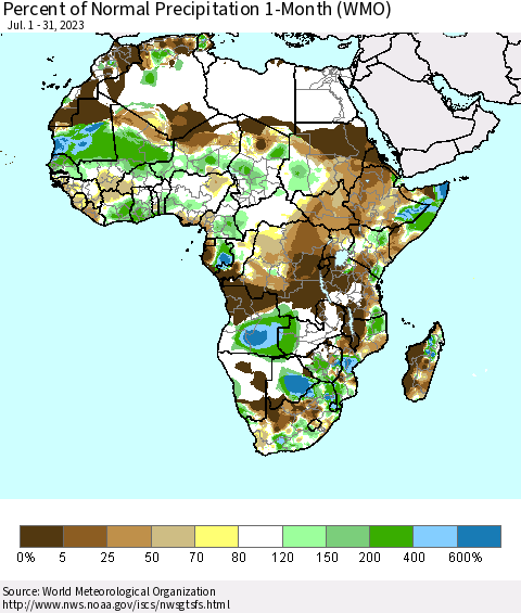Africa Percent of Normal Precipitation 1-Month (WMO) Thematic Map For 7/1/2023 - 7/31/2023