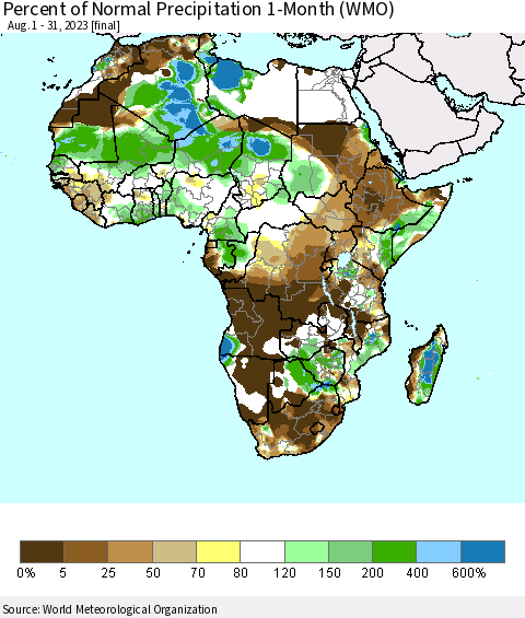 Africa Percent of Normal Precipitation 1-Month (WMO) Thematic Map For 8/1/2023 - 8/31/2023
