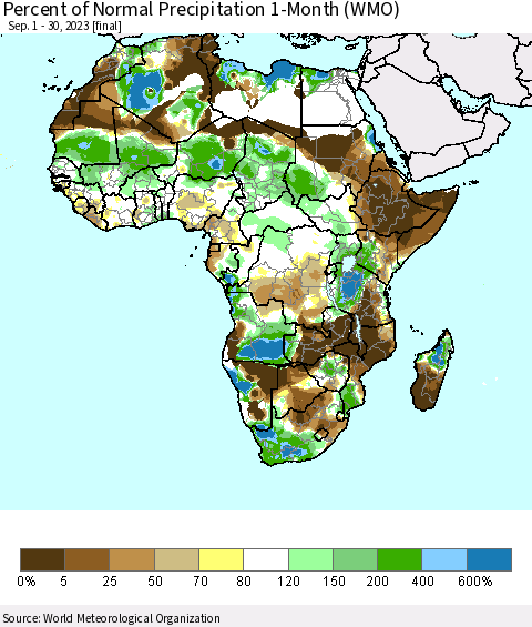 Africa Percent of Normal Precipitation 1-Month (WMO) Thematic Map For 9/1/2023 - 9/30/2023