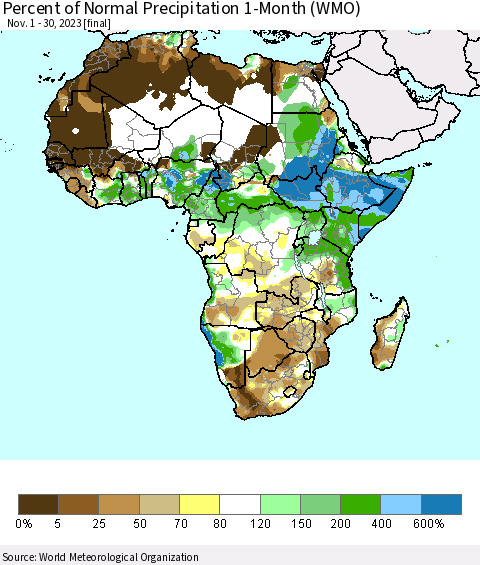 Africa Percent of Normal Precipitation 1-Month (WMO) Thematic Map For 11/1/2023 - 11/30/2023