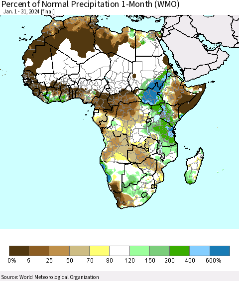 Africa Percent of Normal Precipitation 1-Month (WMO) Thematic Map For 1/1/2024 - 1/31/2024