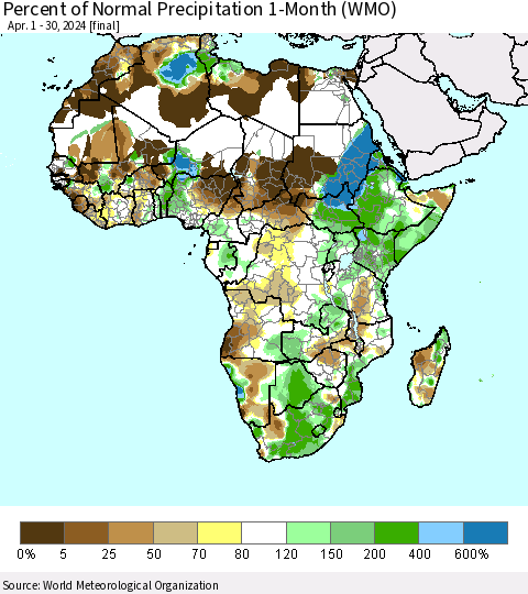 Africa Percent of Normal Precipitation 1-Month (WMO) Thematic Map For 4/1/2024 - 4/30/2024