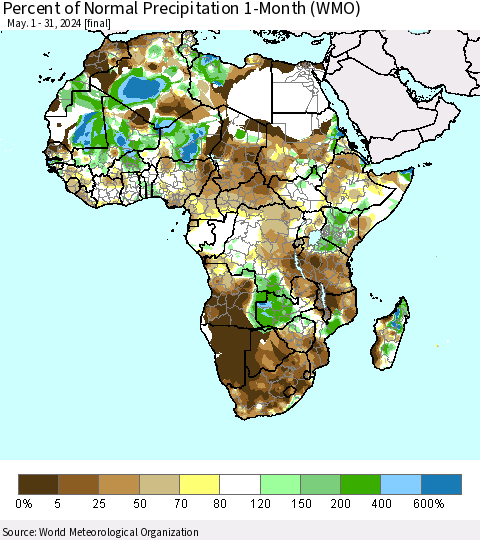 Africa Percent of Normal Precipitation 1-Month (WMO) Thematic Map For 5/1/2024 - 5/31/2024