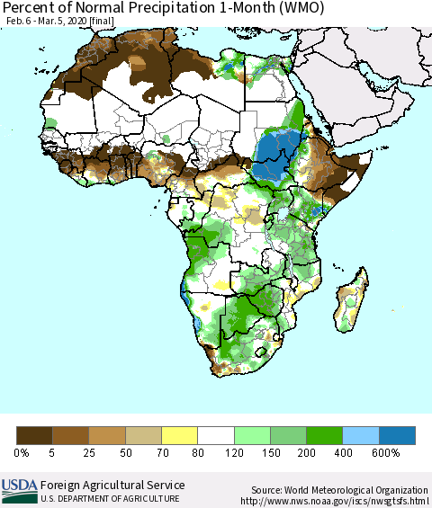 Africa Percent of Normal Precipitation 1-Month (WMO) Thematic Map For 2/6/2020 - 3/5/2020
