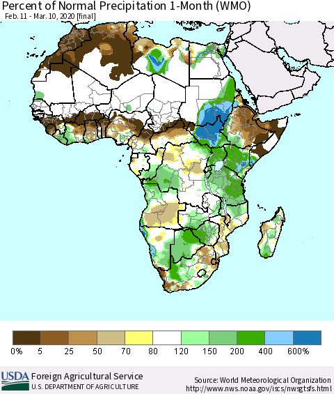 Africa Percent of Normal Precipitation 1-Month (WMO) Thematic Map For 2/11/2020 - 3/10/2020