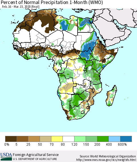 Africa Percent of Normal Precipitation 1-Month (WMO) Thematic Map For 2/16/2020 - 3/15/2020