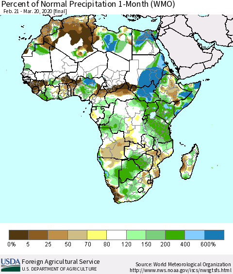 Africa Percent of Normal Precipitation 1-Month (WMO) Thematic Map For 2/21/2020 - 3/20/2020