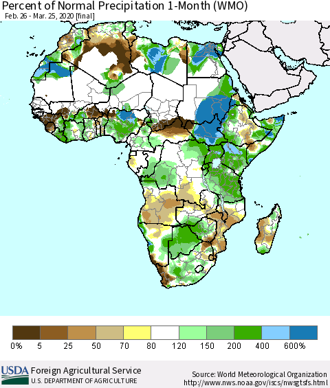 Africa Percent of Normal Precipitation 1-Month (WMO) Thematic Map For 2/26/2020 - 3/25/2020