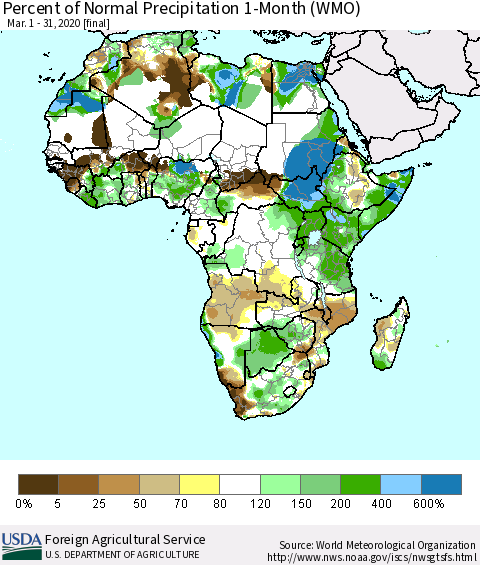 Africa Percent of Normal Precipitation 1-Month (WMO) Thematic Map For 3/1/2020 - 3/31/2020