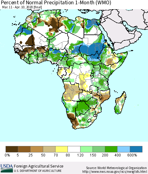 Africa Percent of Normal Precipitation 1-Month (WMO) Thematic Map For 3/11/2020 - 4/10/2020