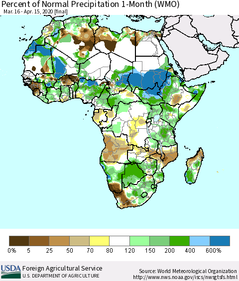 Africa Percent of Normal Precipitation 1-Month (WMO) Thematic Map For 3/16/2020 - 4/15/2020