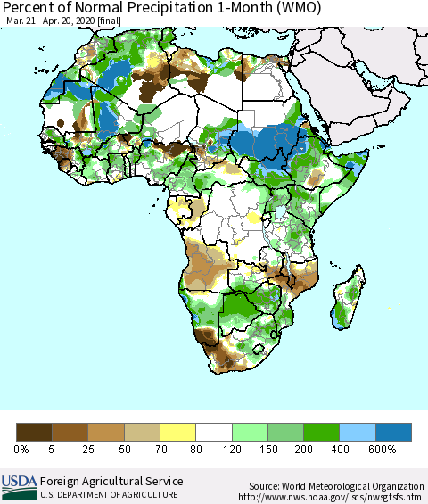 Africa Percent of Normal Precipitation 1-Month (WMO) Thematic Map For 3/21/2020 - 4/20/2020