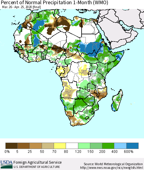 Africa Percent of Normal Precipitation 1-Month (WMO) Thematic Map For 3/26/2020 - 4/25/2020