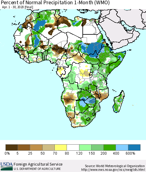 Africa Percent of Normal Precipitation 1-Month (WMO) Thematic Map For 4/1/2020 - 4/30/2020