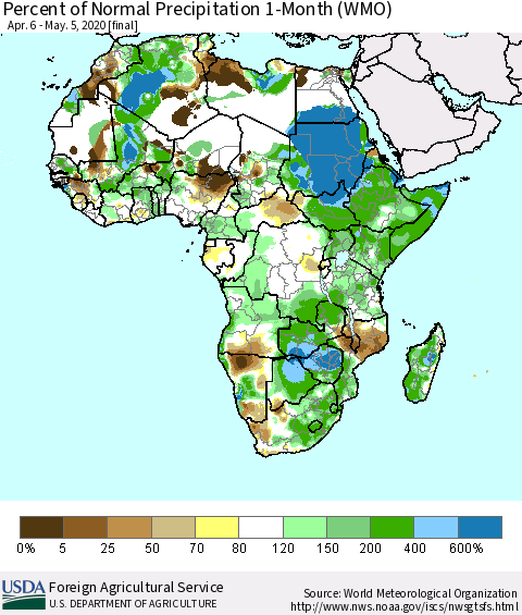 Africa Percent of Normal Precipitation 1-Month (WMO) Thematic Map For 4/6/2020 - 5/5/2020
