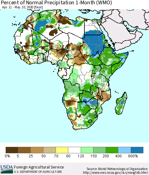 Africa Percent of Normal Precipitation 1-Month (WMO) Thematic Map For 4/11/2020 - 5/10/2020