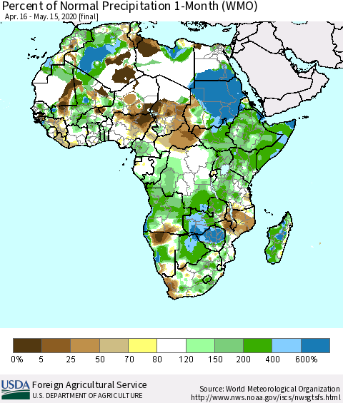 Africa Percent of Normal Precipitation 1-Month (WMO) Thematic Map For 4/16/2020 - 5/15/2020