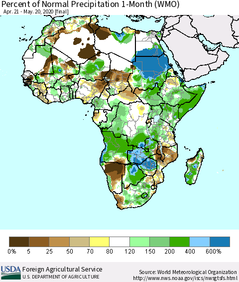 Africa Percent of Normal Precipitation 1-Month (WMO) Thematic Map For 4/21/2020 - 5/20/2020