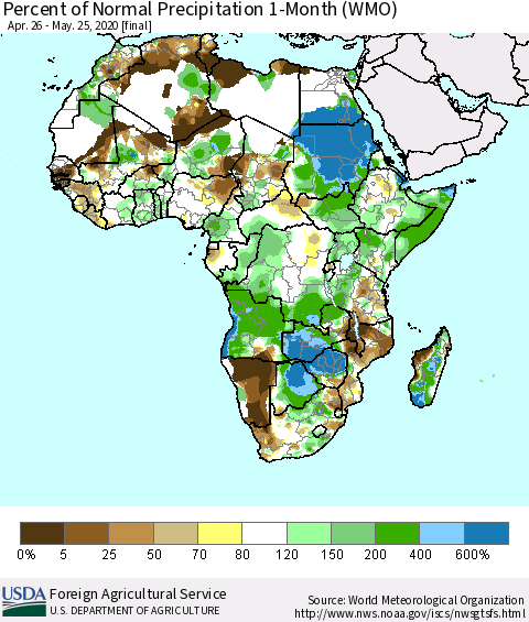 Africa Percent of Normal Precipitation 1-Month (WMO) Thematic Map For 4/26/2020 - 5/25/2020