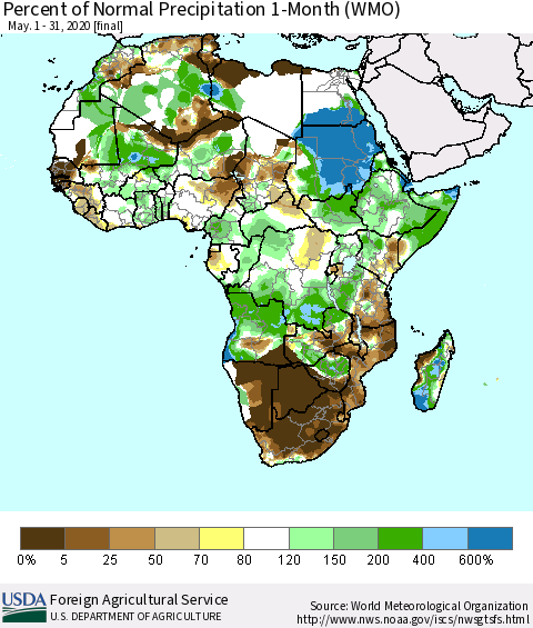 Africa Percent of Normal Precipitation 1-Month (WMO) Thematic Map For 5/1/2020 - 5/31/2020