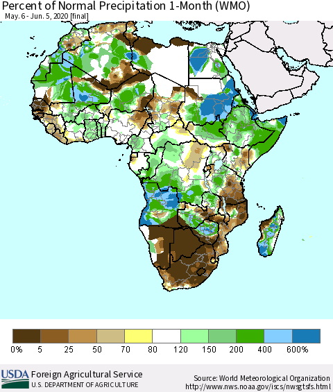 Africa Percent of Normal Precipitation 1-Month (WMO) Thematic Map For 5/6/2020 - 6/5/2020