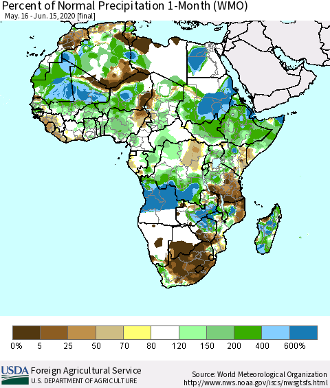 Africa Percent of Normal Precipitation 1-Month (WMO) Thematic Map For 5/16/2020 - 6/15/2020